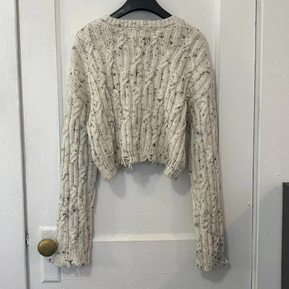 ZARA KID'S GIRL Cream Flecked Distressed Cropped Cable-Knit Sweater, 13-14 Years - Picture 4 of 14
